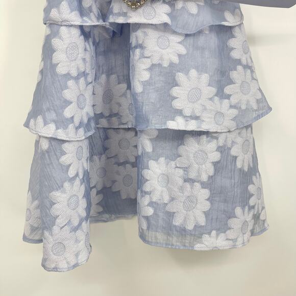 MAJORELLE | Andrea Mini Dress in Powder Blue Floral Jacquard Crystal Belt XS - Picture 8 of 13